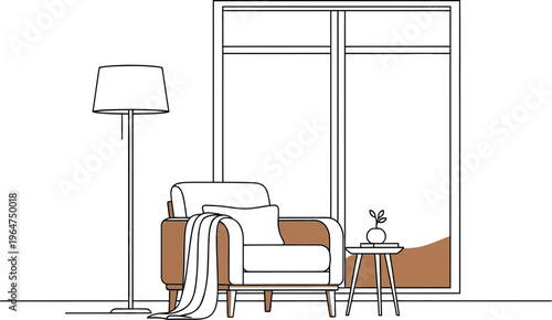 Cozy minimalist interior scene featuring a comfortable armchair next to a window with a floor lamp providing soft illumination