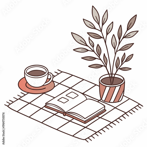 Brown coffee cup on saucer book and plant on checkered mat