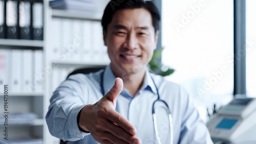 Friendly Asian Doctor Offering Handshake in His Office, Welcoming Patient