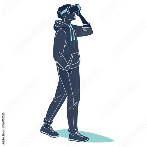 Person walking and wearing virtual reality headset vr headset technology