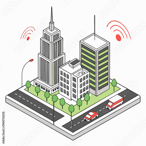 Isometric city block with skyscrapers and road cars