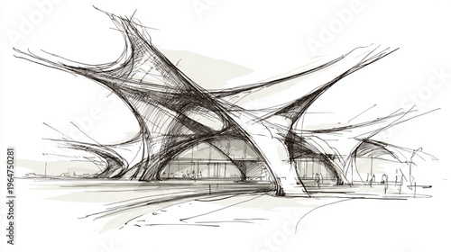Futuristic Building Design Sketch With Curved Lines On White Background For Architecture Concepts