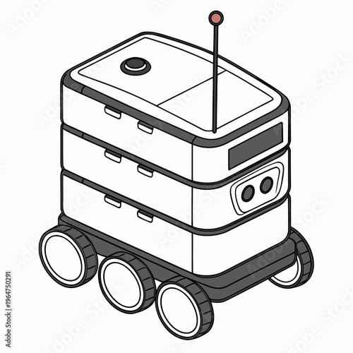 White robot with black and red details on white background technology