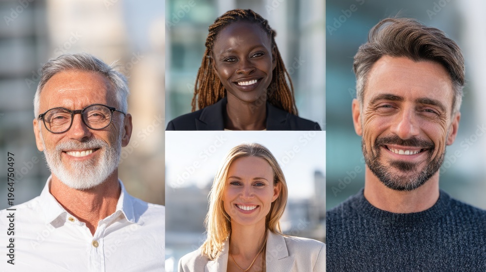 Fototapeta premium diverse team isolated portraits with blured businessbackground and natural sunlight