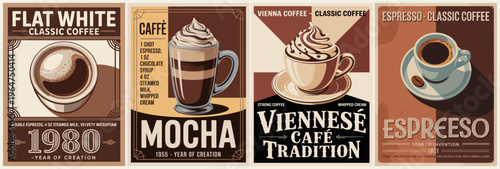 vintage coffee posters showcase classic brews. Each design features bold typography and rich tones. Flat white, mocha, Viennese, and espresso styles are presented. These posters evoke warmth