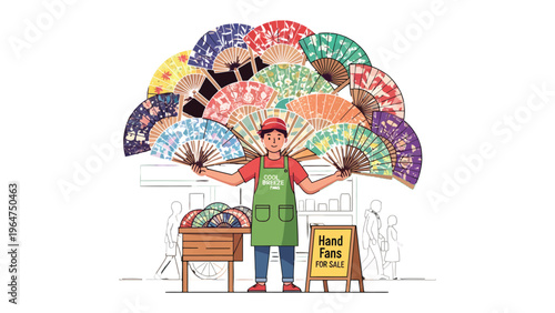 Artisan Fan Display: A vendor proudly displays a colorful array of intricately designed hand fans at a street market, showcasing the artistry and craftsmanship. 