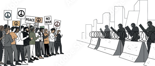 Diverse group of protestors advocating for peace and demanding an end to conflict stand opposite riot police behind barricades.