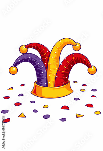 Vibrant Jester Hat with Colorful Red, Purple, and Yellow Spikes Amidst Confetti Celebrating Festivity and Joy in a Playful Scene
