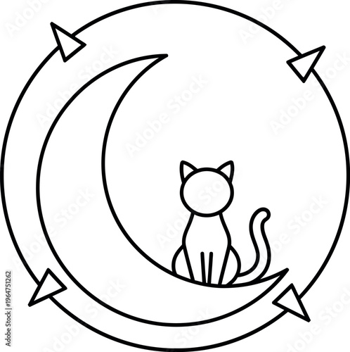 Minimalist line art illustration featuring an adorable cat sitting serenely on a crescent moon, enveloped within a circular arrow design, perfect for whimsical and magical themes.