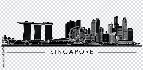 Vector illustration singapore city skyline with famous landmarks in black and white illustration