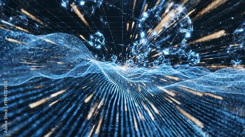 A digital wave technology background concept flows with energy as abstract network patterns sweep through a futuristic cyberspace of connected data.
