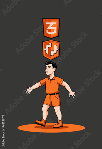 Illustrated Figure Exploring Web Standards with Emblematic HTML and CSS Icons in a Creative Composition