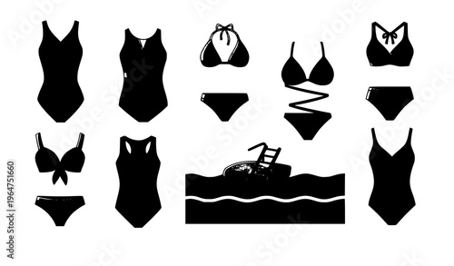 Beach swimwear swimsuit cartoon fashion vector icon set
