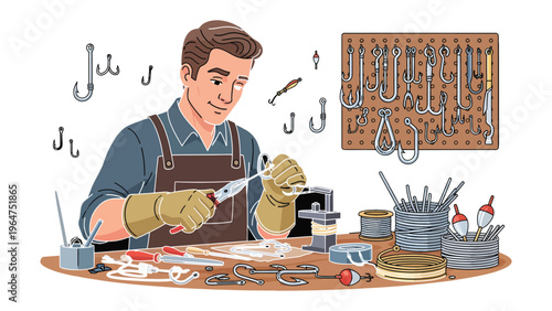 Crafting Precision: A skilled artisan meticulously works on intricate fishing hooks and tools, focused in a workshop