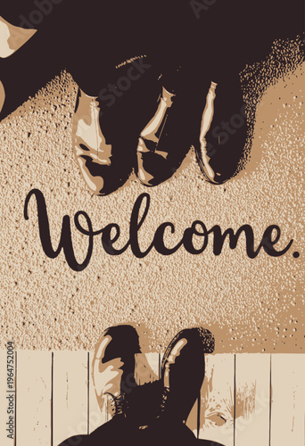 A Warm Welcome with Stylish Brown Leather Shoes on a Cozy Light Brown Doormat with Elegant Scripted Text