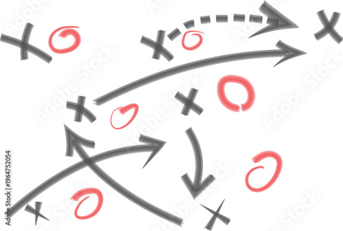 Hand draw strategy game plan for football, basketball, handball, sketched black marker, isolated on white, clipping path, design elements