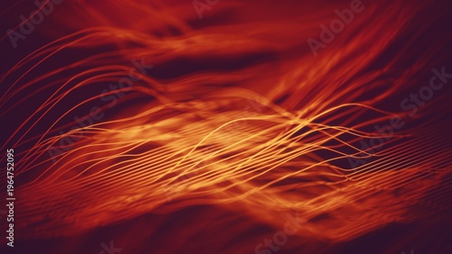 3D rendering with selective focus of glowing abstract red-yellow threads moving in waves, like digital mountains or data charts on a dark background. Macro shot with soft blur. Vibrant energy flow.