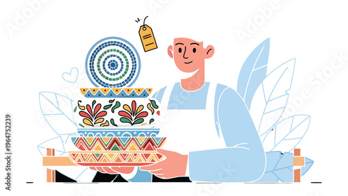 Artisan and Pottery Collection: An artisan proudly presents a vibrant collection of handmade pottery, showcasing intricate designs and patterns that tell a story of craftsmanship and creativity.