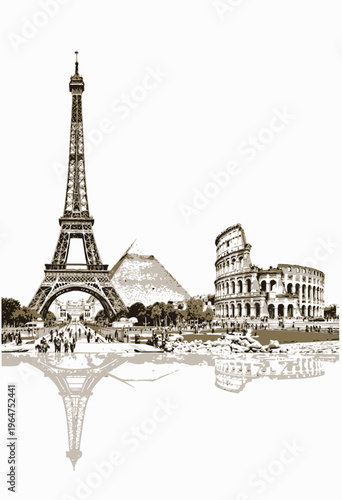 Iconic World Landmarks Collage Featuring Eiffel Tower, Great Pyramid, and Colosseum Against Reflective White Background