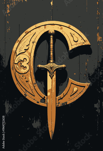 Intricately Carved Wooden Sword with Decorative Crescent Displaying Elegant Craftsmanship Against Rustic Dark Background