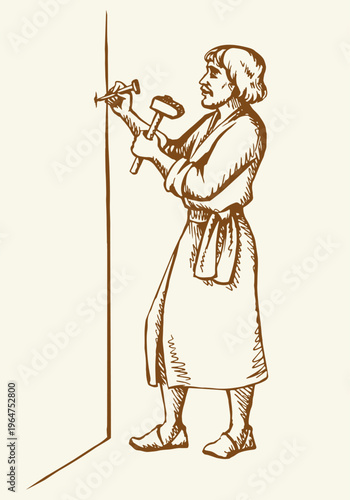 Vector illustration of a man hammering a nail.