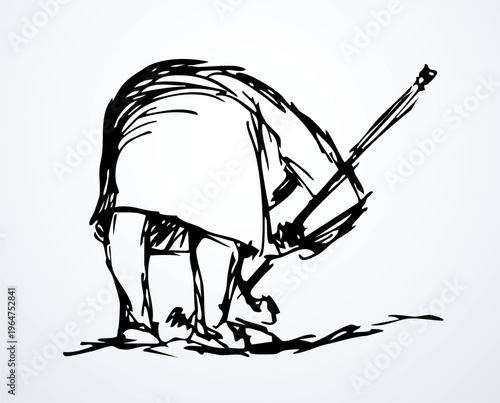 Vector drawing. A gardener weeding a garden