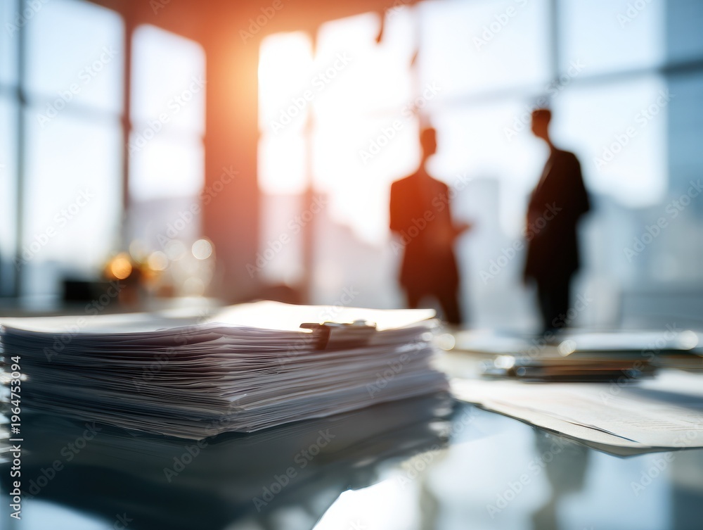 Fototapeta premium executive duo discussing documents on a blured office background with natural sunlight