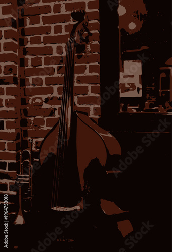 Elegant Double Bass and Trumpet Positioned by Brick Wall with Reflections on Window in Dim, Cozy Interior Ambiance