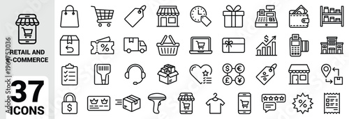 Minimalist retail and e‑commerce line icon set featuring shopping cart, bag, price tag, delivery, payment, discount, customer service, storefront, barcode, and online shopping symbols