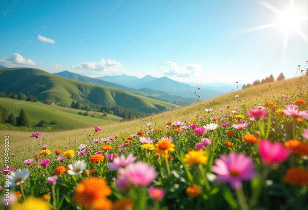 Fototapeta premium Vivid Rolling Hills Covered in Colorful Wildflowers Beneath a Bright Blue Sky