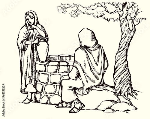 Vector drawing. Jesus and woman