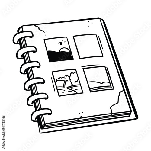 Vintage photo album, sketchbook, illustration, vector, black and white