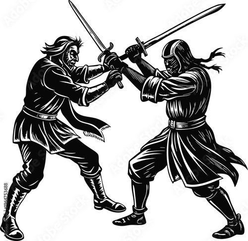 Medieval warriors, samurai duel, sword fight, black and white vector illustration