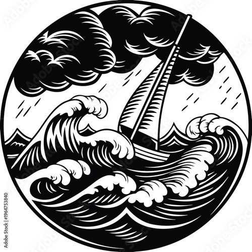 Stormy sea sailboat, nautical wave illustration, black and white vector, weather icon