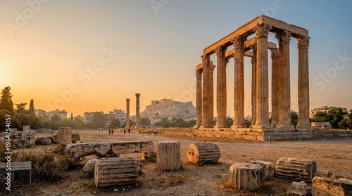 The colossal ancient columns of the Temple of Olympian Zeus rising against a vivid Athenian summer sky, warm Pentelic marble glowing amber in golden hour light, scattered column drums and fallen