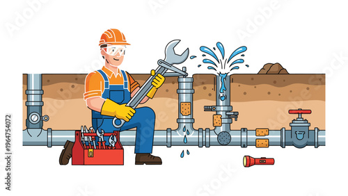Plumber at Work: A skilled plumber addresses a burst pipe, wielding a wrench with expertise amidst the intricate network of plumbing fixtures.