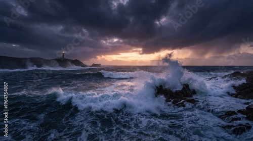 A stormy ocean at sunset with powerful crashing waves under a dark moody sky, deep blue water churning with foam and spray, dramatic clouds illuminated by faint warm light near the horizon, high