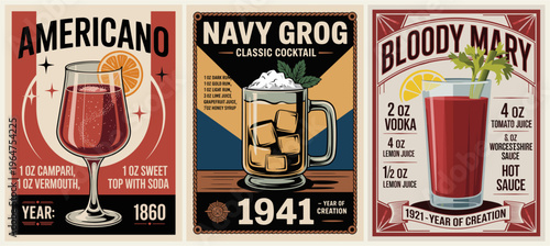 Vintage cocktail ads celebrate classic drinks. Red wine glass, beer mug, and tall cocktail each show bold style. Designs use retro fonts and vintage colors. Each ad highlights unique drink ingredients