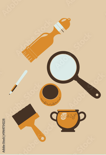 A Collection of Archaeological Tools and Artifacts Featuring a Magnifying Glass, Pottery, Brush, and Pen on a Light Brown Background