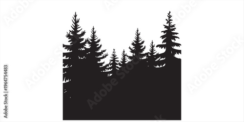 Fir trees silhouettes. Coniferous spruce horizontal background patterns, black evergreen woods vector illustration. Beautiful hand drawn panorama with treetops forest