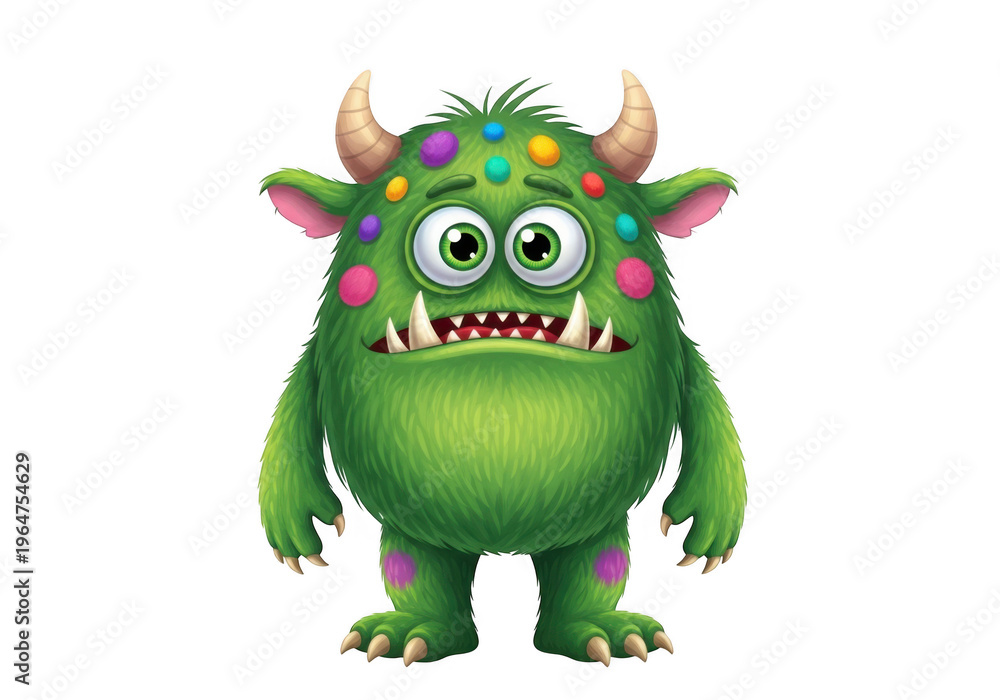 Fototapeta premium A green monster with colorful party decorations on its head isolated on transparent background