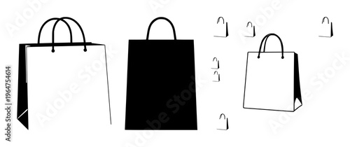 Shopping bag set with solid black icon on white background featuring paper bag, shopping bag, icon with black and white