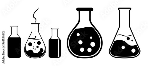 Lab beaker set with solid black icon on white background featuring chemical symbols, liquid, graduation marks with flask and solution