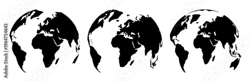 Solid black icon, white background: worldwide shipping globe set with simple line art design featuring outline, illustration, graphic elements with clean design and vector art