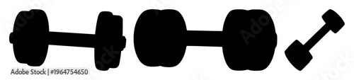 Gym dumbbell icon set with solid black silhouette on white background featuring fitness, weightlifting, exercise with muscle training and bodybuilding