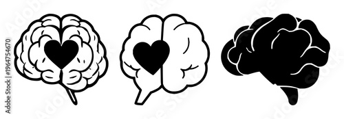 Mental health brain set with solid black icon on white background featuring stylized brain, heart, wellness symbol with black and white and minimalistic
