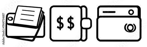 Savings account passbook icon set with solid black design on white background featuring finance, banking, accounting with simple and minimalist