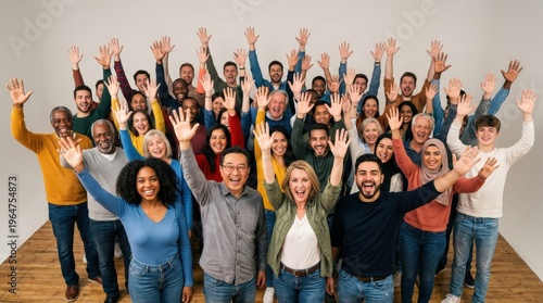 A large diverse group of people photographed from the front, all with arms and hands raised high, palms facing outward in an enthusiastic collective gesture, clean isolated studio background, varied