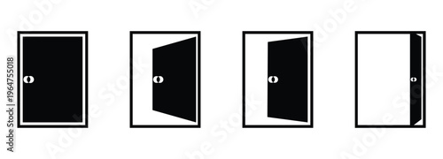 Door icons set. Open, close and ajar door. Doors collection.  Vector illustration