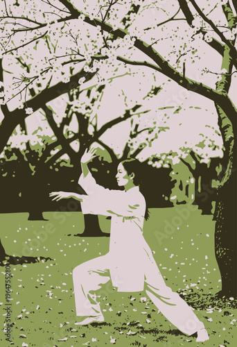 Serene Woman Practicing Tai Chi in a Peaceful Park Surrounded by Blossoming Cherry Trees on a Calm and Tranquil Afternoon